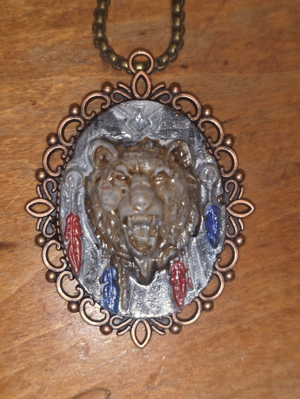 Handpainted Distresses Native Bear Pendant W Bronze Tone Bezel & Chain Necklace